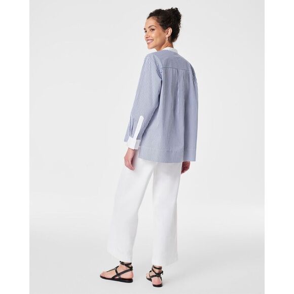 Spanx Poplin Tuxedo Shirt Postal Blue Narrow White Stripe Size Small new - Picture 2 of 13